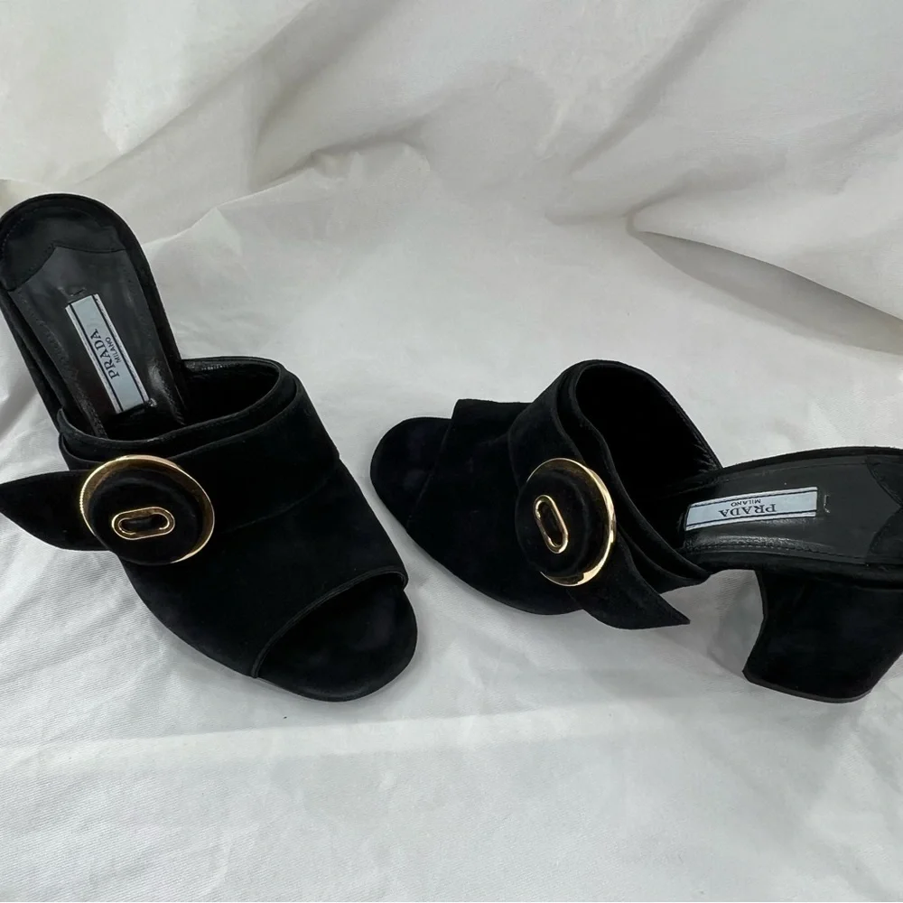 PRADA MILANO BLACK SUEDE CHUNKY HEEL SANDAL BLACK SIZE 37 EUR SIZE 6.5 US - Picture 8 of 16